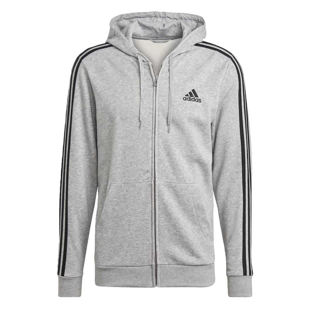 Adidas Originals Mens Essentials French Terry 3-Stripes Full-Zip Hoodie - Light Grey Cotton - Size X-Small